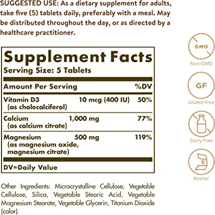 SOLGAR , Calcio Magnesio y Vitamina D3, 300 Tabletas