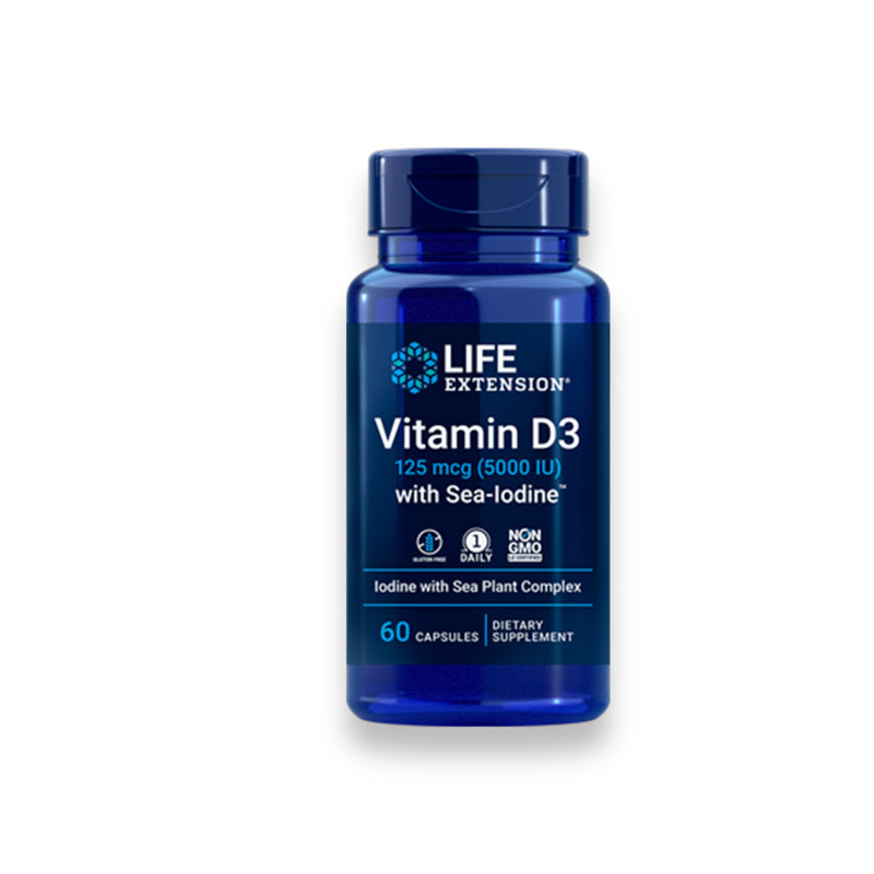 Vitamina D3, 125 mcg (5000 IU) con Yodo Marino 60 Cápsulas LIFE EXTENSION