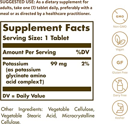 SOLGAR, Potasio, 99 mg, 100 tabletas