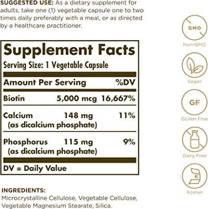 SOLGAR, Biotina 5,000 mcg, 50 Cápsulas Vegetales