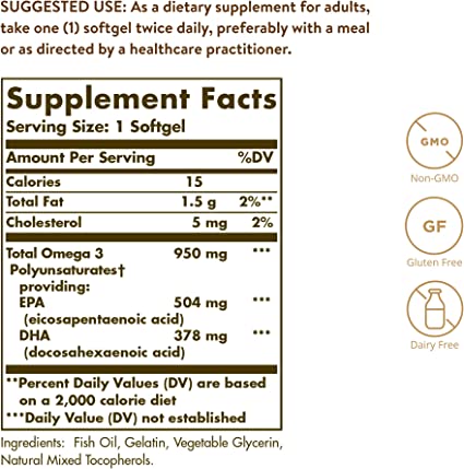 SOLGAR, Omega 3, EPA y DHA, Fuerza triple, 950 mg, 100 cápsulas blandas