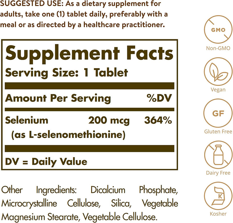 SOLGAR, Selenio, 200 mcg, 100 Tabletas