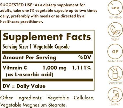 SOLGAR, Vitamina C, 1000 mg, 250 Cápsulas Vegetales