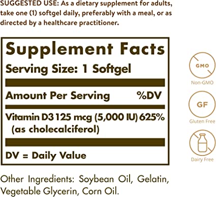 SOLGAR, Vitamina D3 (Colecalciferol) 125 mcg (5000 UI), 100 Cápsulas