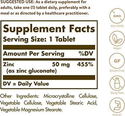 Zinc, 50 mg, 100 Tabletas SOLGAR